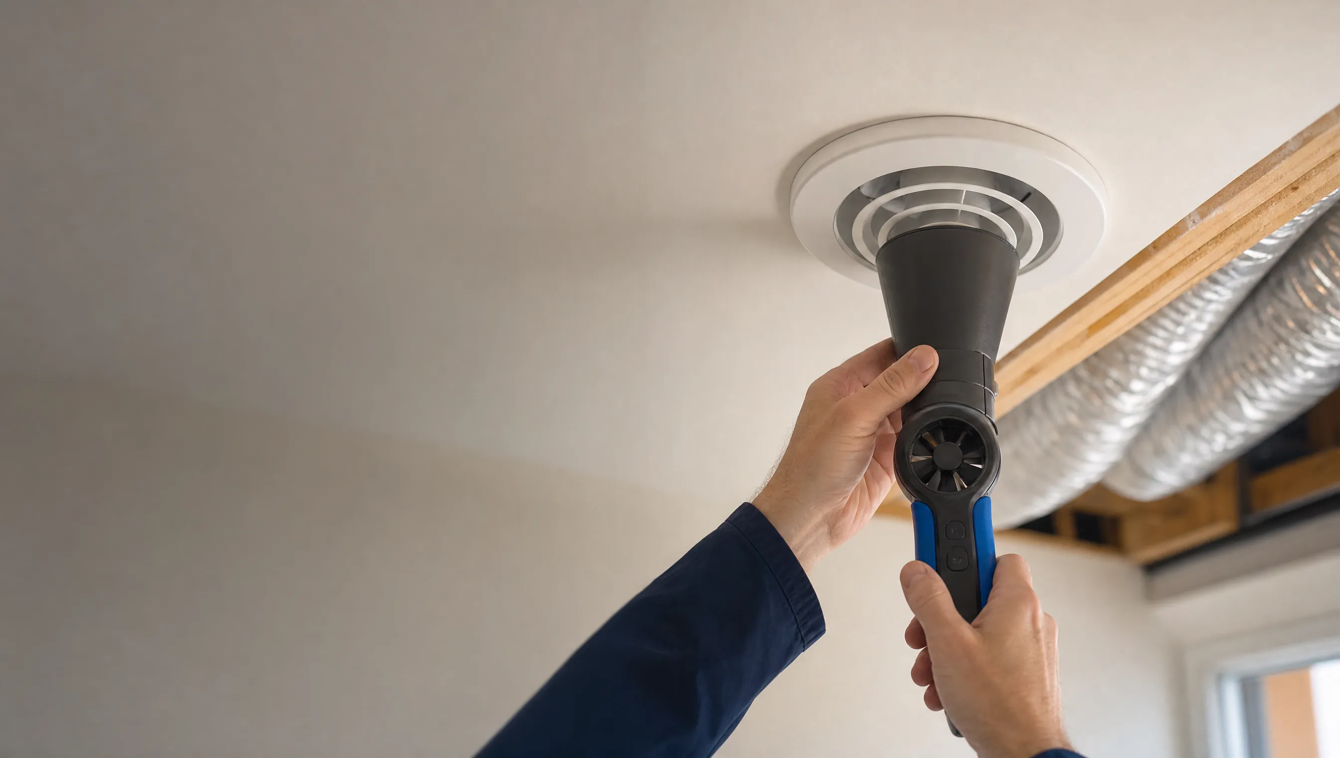 Flow hood measuring an MVHR ceiling grille
