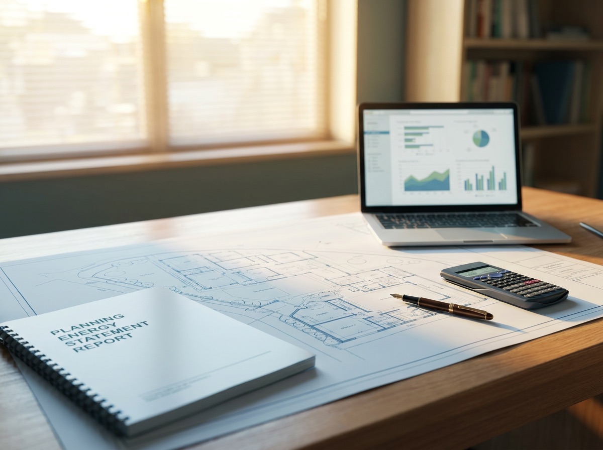 Energy Statement and architectural site plans under review on a desk